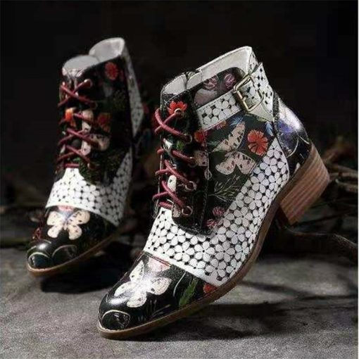 main image4Ink Painting Flower Pattern Ankle Boots Women s Cow Leather Splicing Lace Up Stitching Shoes Spring