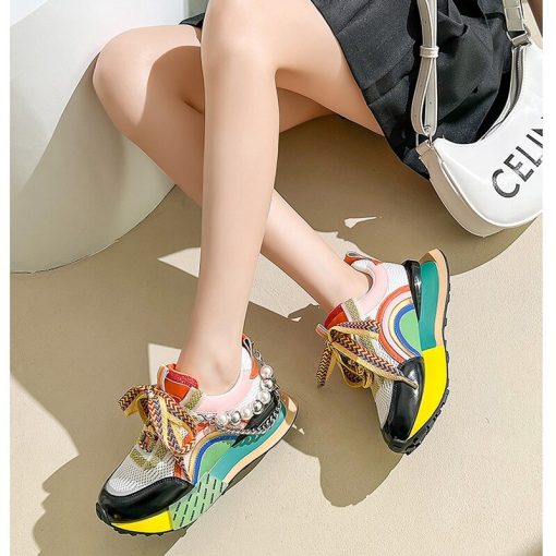 main image4New Lace Up Iridescent Pearl Chain Decorative Women s Vulcanized Shoes Women s Platform Sneakers Zapatos