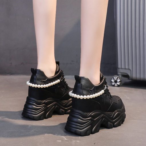 main image4Rimocy Shiny Sequins Chunky Platform Sneakers Women Breathable Lace Up Height Increase Shoes Woman Fashion Pearl
