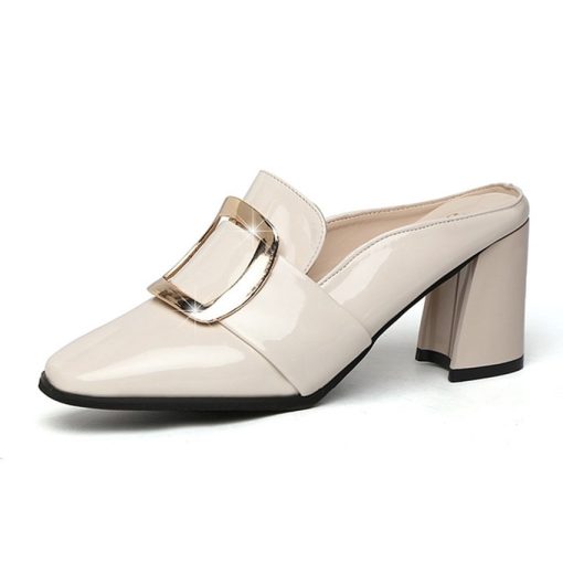main image4Stylish Pointy Chunky Muller Heels Metal Decoration Women s Shoes Black White High Heel Stylish Patent