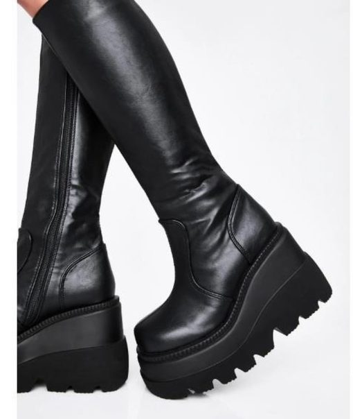 main image4Women Leather Shoes Spring Winter High Platform Heels Elasticity Motorcycles Black Boots Goth Zip Women s