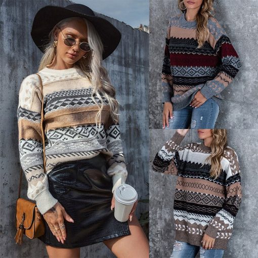 main image4Women Sweater Fall Winter Lazy Wind Pullover Loose Round Neck Long Sleeve Retro Korean Style Knitted