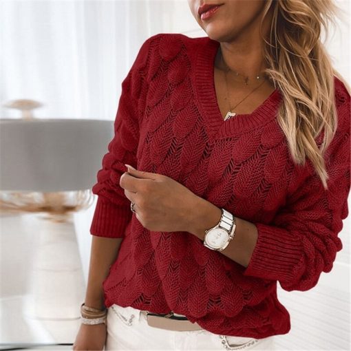 main image4Women V Neck Solid Knitted Casual Sweater Female Fashion Autumn Winter Pullover Loose Long Sleeve Jumpers