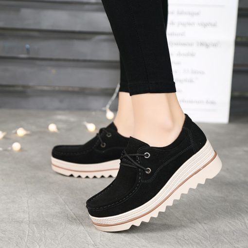 main image52020 Autumn Women Flats Thick Soled Leather Suede Platform Sneakers Shoes Female Casual Shoes Lace Up