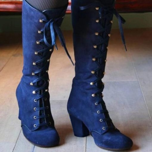 main image52020 Black boots women Shoes knee high Women Casual Vintage Retro Mid Calf Boots Lace Up