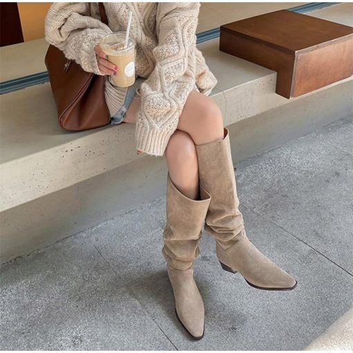 main image52022 Autumn Women Knee High Boots Female Flock Block Heels Pointed Toe Shoes Pleated Ladies Retro