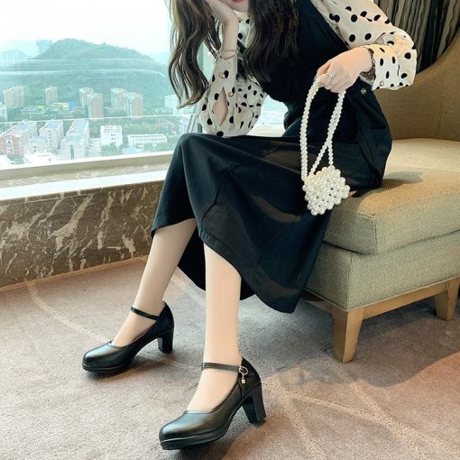 main image52022 New Women Dress Shoes Medium Heels Mary Janes Shoes Patent Leather Pumps Ankle Strap Ladies