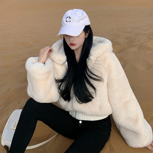 main image5High Quality Furry Cropped Faux Fur Coats and Jackets Women Fluffy Top Coat with Hooded Winter