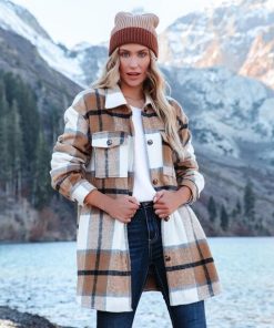Winter Women Flannel Plaid Jacket Long Sleeve Button Down Chest Pocketed Shirts Coats Shacket Casual Outwears
