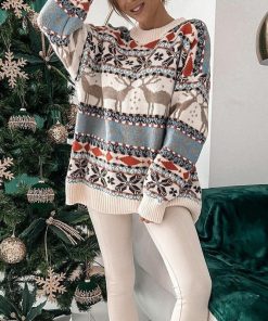 Winter Fashion Knitted Festival Sweater Jumper Women Autumn Christmas Theme Loose Pullover Elegant Casual O Neck Long Sleeve Top