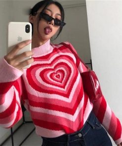 Sweater Aesthetics Heart Striped Sweater Turtleneck Pullovers Knitted Crop Top Long Sleeve Harajuku 90s Knitwear Korean Tops