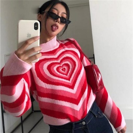 Sweater Aesthetics Heart Striped Sweater Turtleneck Pullovers Knitted Crop Top Long Sleeve Harajuku 90s Knitwear Korean Tops
