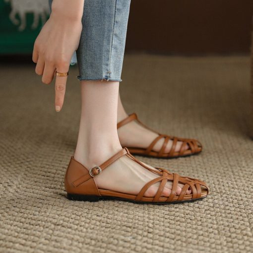 Retro Women's Sandals Roman Literary Style Hollow Female Shoes 2022 Summer Solid Color Thick Heels Flat Bottom Ladies Shoes