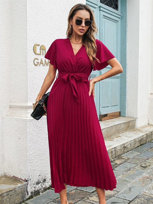 Summer Butterfly Sleeve Pleated Maxi Dress for Women Elegant V-neck Sashes High Waist Vintage Dress Female Holiday Party Dress
