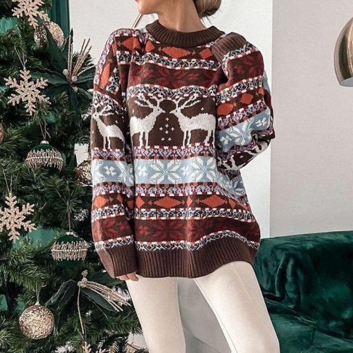 Winter Fashion Knitted Festival Sweater Jumper Women Autumn Christmas Theme Loose Pullover Elegant Casual O Neck Long Sleeve Top