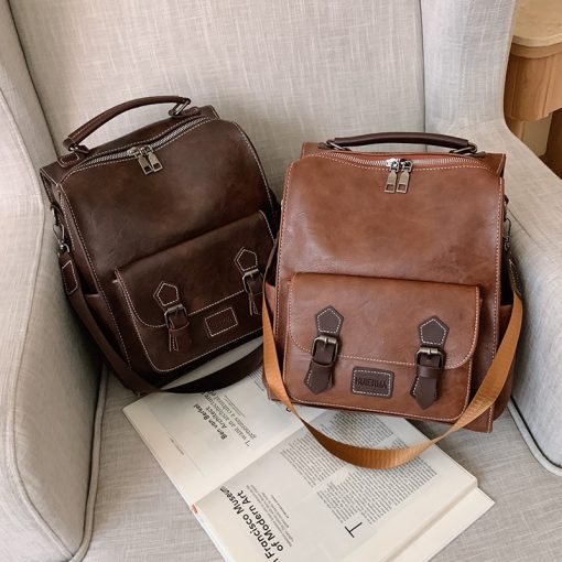 Trendy Women's Backpack Vintage Pu Leather Daypack Brown Mochilas Para Mujer Casual Travel Bag Retro Student School Bag