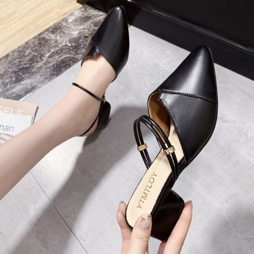 Party Women Mules Slipper Pointed Toe Block Strap Closed Shallow High Heels Shoes Sandals Black Beige Square heel Pumps