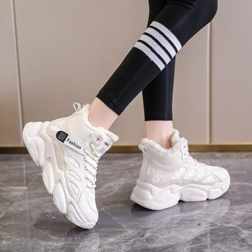 Chunky Sneakers Platform Cotton Padded Shoes Woman Waterproof Thick Plush Snow Boots Women 2023 Fashion Lace Up Winter Boots