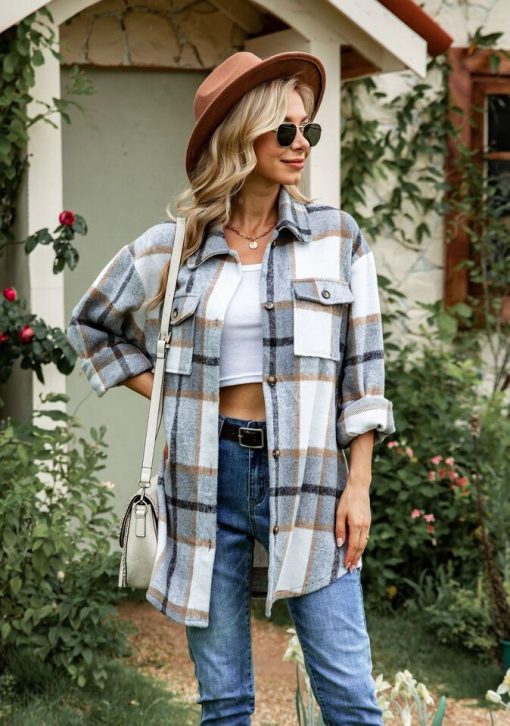 Winter Women Flannel Plaid Jacket Long Sleeve Button Down Chest Pocketed Shirts Coats Shacket Casual Outwears
