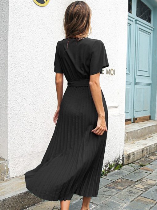 Summer Butterfly Sleeve Pleated Maxi Dress for Women Elegant V-neck Sashes High Waist Vintage Dress Female Holiday Party Dress