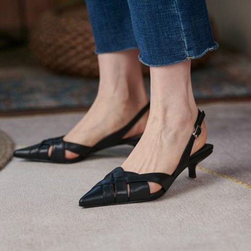 Woven Women's Sandals Pointed Low Heel Leisure Fashion Female Pumps 2022 Summer Elegant Solid Color Comfort Daily Ladies Shoes