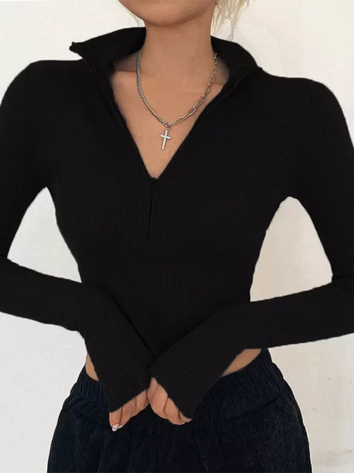 solid color casual T shirt women long sleeves turtleneck crop tops sexy simple style party club.jpg 2