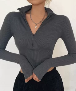 solid color casual T shirt women long sleeves turtleneck crop tops sexy simple style party club.jpg