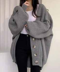 Women’s Loose Knitted Cardigan Sweatersvariant image0JMPRS Korean Ins Lazy Knitted Cardigan Female V neck Single breasted Loose Lantern Sleeve Sweater Coat