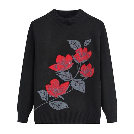 Women’s Print Retro Mom Floral Print Sweatersvariant image0Print Retro Middle Aged Elderly Women s Long Sleeved Bottoming Shirt Autumn Winter Grandma Top Mother