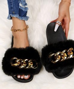 Women’s New Fashion Fur Chain Comfortable Slippersvariant image0Women Big Size Home Slippers Flats Furry Flip Flops Shoes Female Indoor Casual Metal Chain Shoes