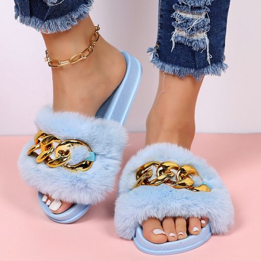 Women’s New Fashion Fur Chain Comfortable Slippersvariant image1Women Big Size Home Slippers Flats Furry Flip Flops Shoes Female Indoor Casual Metal Chain Shoes