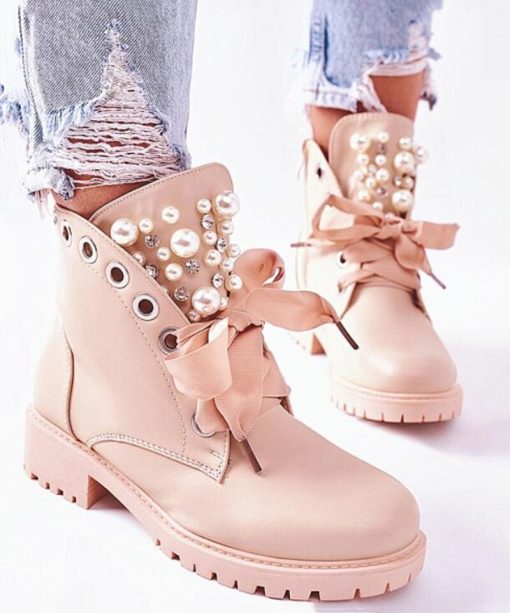 Women’s Ankle Bootsvariant image2Women Ankle Boots 2022 Autumn PU Leather Lace Up Motorcycle Boots Pearl Decor Casual Shoes Round