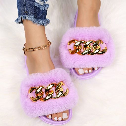 Women’s New Fashion Fur Chain Comfortable Slippersvariant image3Women Big Size Home Slippers Flats Furry Flip Flops Shoes Female Indoor Casual Metal Chain Shoes