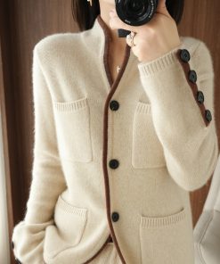 variant image0100 Pure Wool Sweater Autumn Winter 2022 Women s Stand up Collar Cardigan Casual Knit Tops