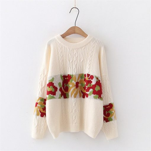 Autumn Winter Blue Green Flowers Floral Pattern Warm Knitting Pattern Women's Sweater Pullover Loose Haute Couture Top