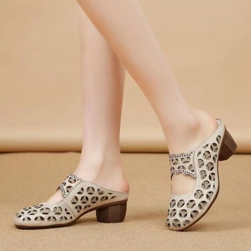 Summer Women's PU Leather Clogs Shoes Round Head Slip On Femme Slippers Retro Hollow Zapatillas Mujer