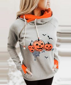 variant image0Autumn Winter Patchwork Pocket Top Halloween Pumpkin Smile Print Hoodies Women Casual Size Zipper Drawstring Sweatshirt