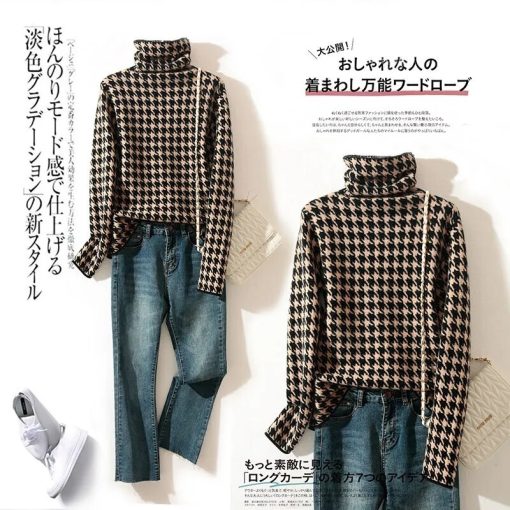 variant image0Bird lattice Turtleneck Basic Soft Loose Knitted Women s Sweater Korean Fashion Long Sleeve Vintage Jumpers