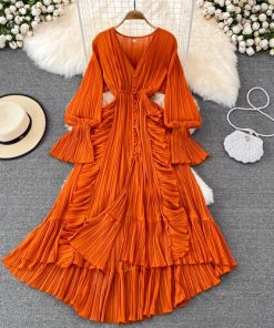 variant image0FMFSSOM Holiday Style Ankle Length Long Dresses Women 2022 Spring New V Neck Puff Sleeve Lace