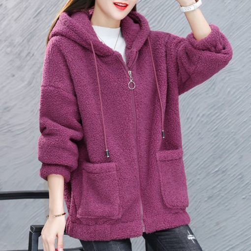 variant image0Fashion Casual Lamb Wool Coat Women s Autumn Winter Jackets Stitching Hooded Zipper Ladies Korean Coat