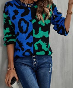 variant image0Fashion Tops 2022 Women Autumn Winter New Leopard Print Stitching Sweater Streetwear Round Neck Long Sleeve