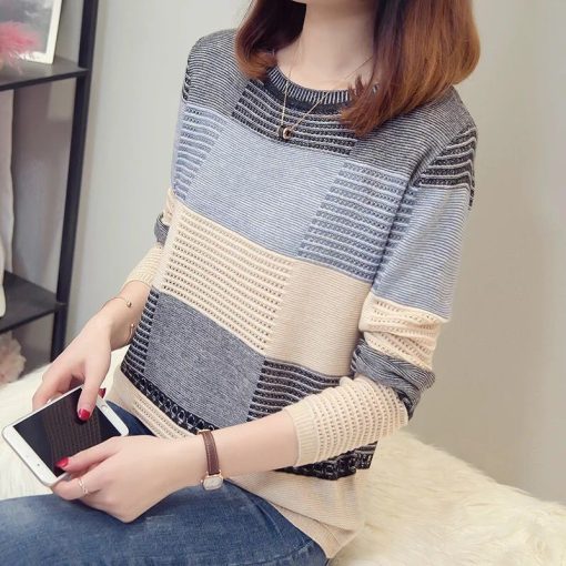 variant image0Knitted T Shirts O neck Spring Autumn Patchwork Long Sleeve Casual Simple Elasticity Leisure Comfortable Korean