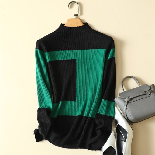 variant image0Mock Neck Patchwork Knitted Women Sweater Pullovers Autumn Slim Elastic Long Sleeved Elegant Office Lady Pulls