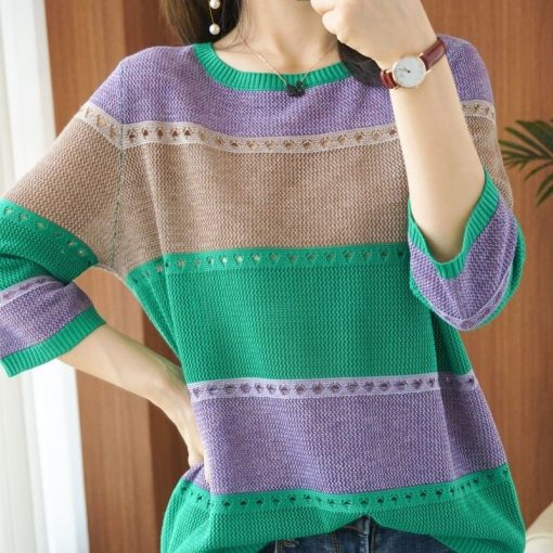 variant image0Spring Autumn Classic Striped Print Loose Casual Sweater Women 3 4 Sleeve Hollow Out Knitting Pullover