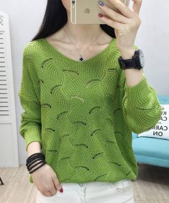variant image0Spring Autumn V neck Elegant Sweet Knitting Hollow Out Top Women Solid Loose Casual Sweater Ladies