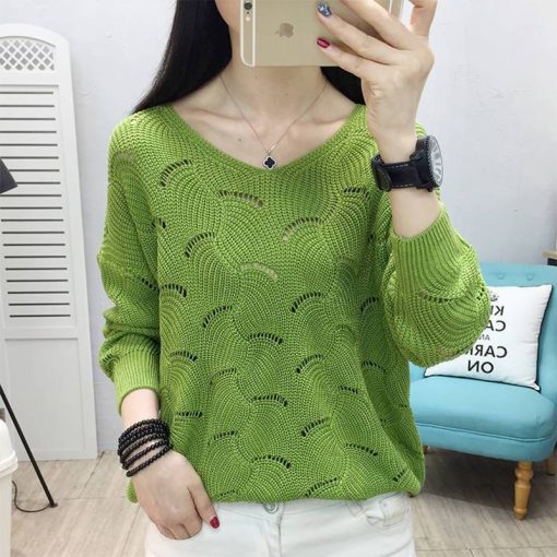 variant image0Spring Autumn V neck Elegant Sweet Knitting Hollow Out Top Women Solid Loose Casual Sweater Ladies