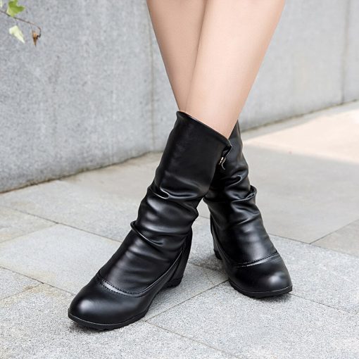 variant image0Women Boots 2021 Leather Boots Wedges Mid Calf Winter Female Casual Shoes High Heel Boots Botines