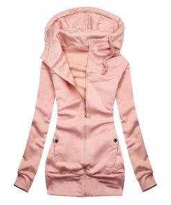 variant image0Women Jacket Fashion Casual Solid Color Pink Slim Fit Coat Pockets Jacket Zipper Sweatshirt Hooded Vintage