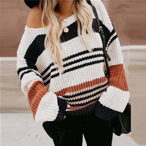variant image0Women Knitted Hoodie Fashion Lovely Chic Preppy Harajuku Long Sleeve O Neck Striped Color Block Girls