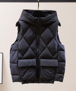 variant image12021 Women s Winter Short Vest Solid Korean Style Sleeveless Hooded Thick Jacket Female Cotton Padded